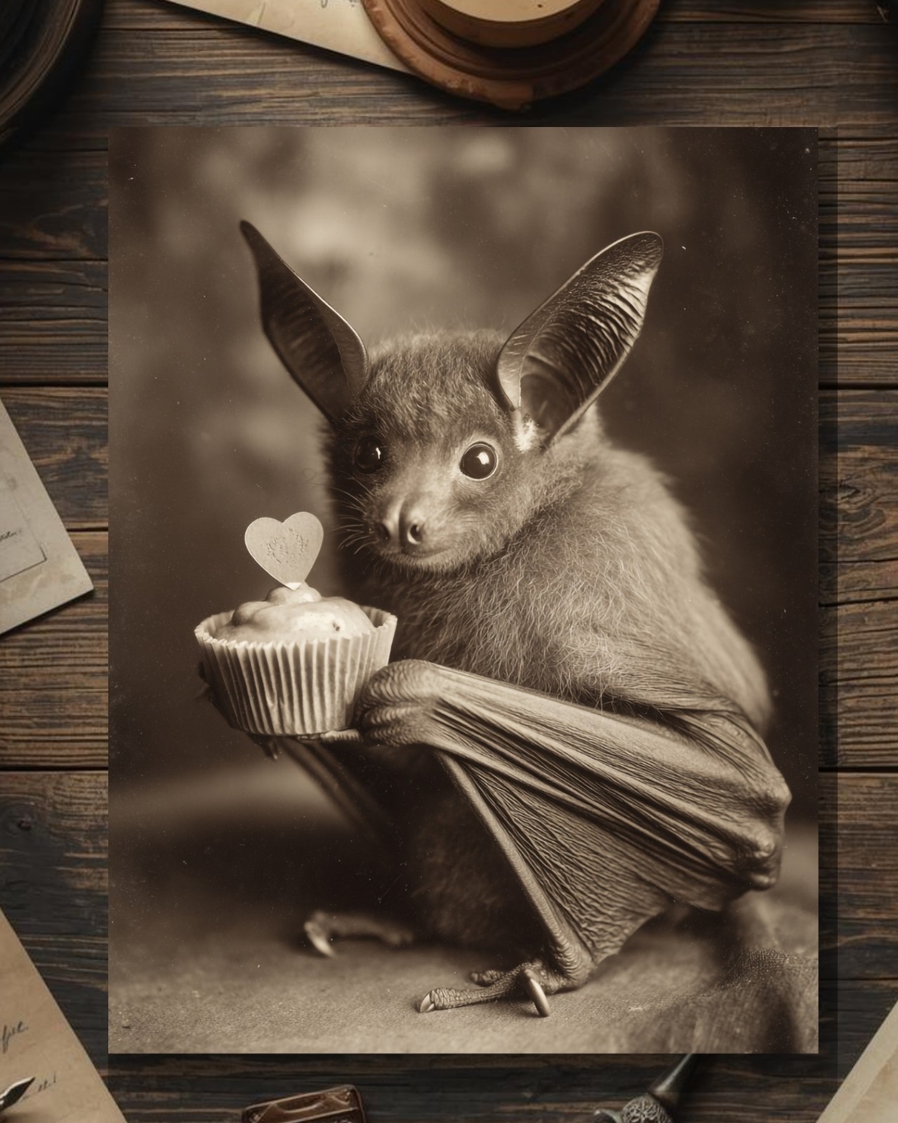 Victorian Bat Offering Cupcake Heart Gothic Love Valentine Card Blank Inside gallery