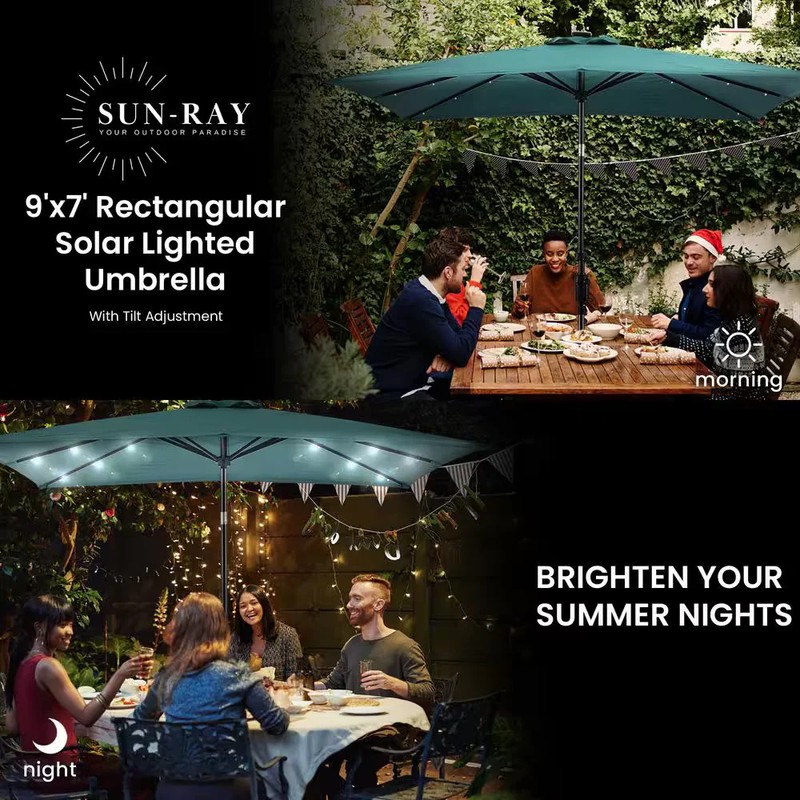 Sun-Ray 9x7 ft Rectangular Solar Lighted Market Patio Umbrella Hunter Green gallery