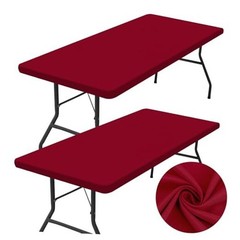 2 Pack Rectangle Table Cloth, Elastic Fitted 72″ x 30″ (Rectangular) Wine Red