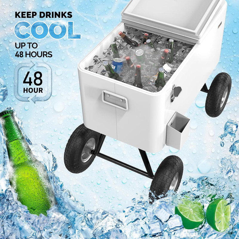 VINGLI 80 Quart Wagon Rolling Cooler Ice Chest, W/Long Handle and 10" Wheels, Po gallery