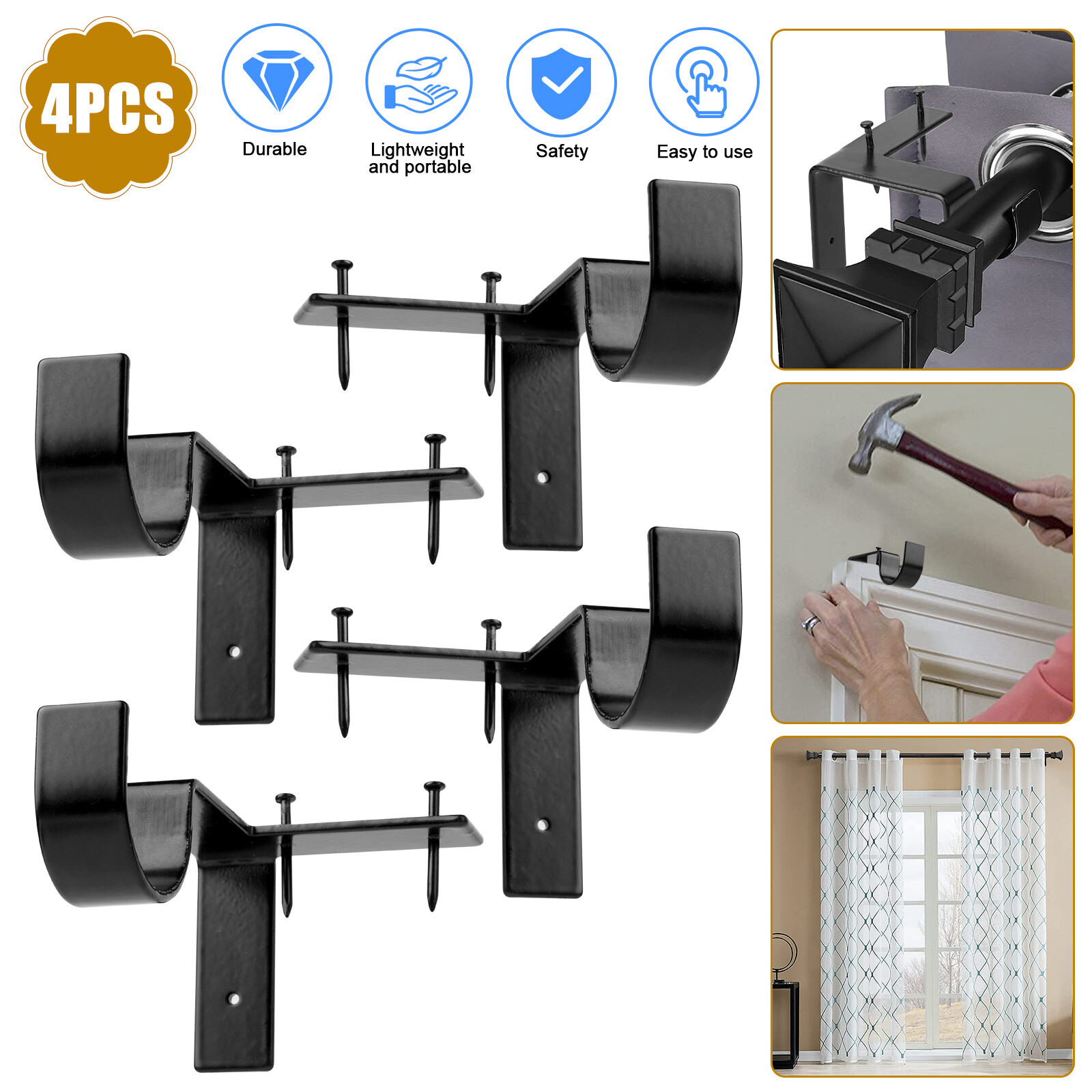 4Pcs Hole-Free Hang Curtain Bracket Rod Holders Single Hook Into Window Frame gallery