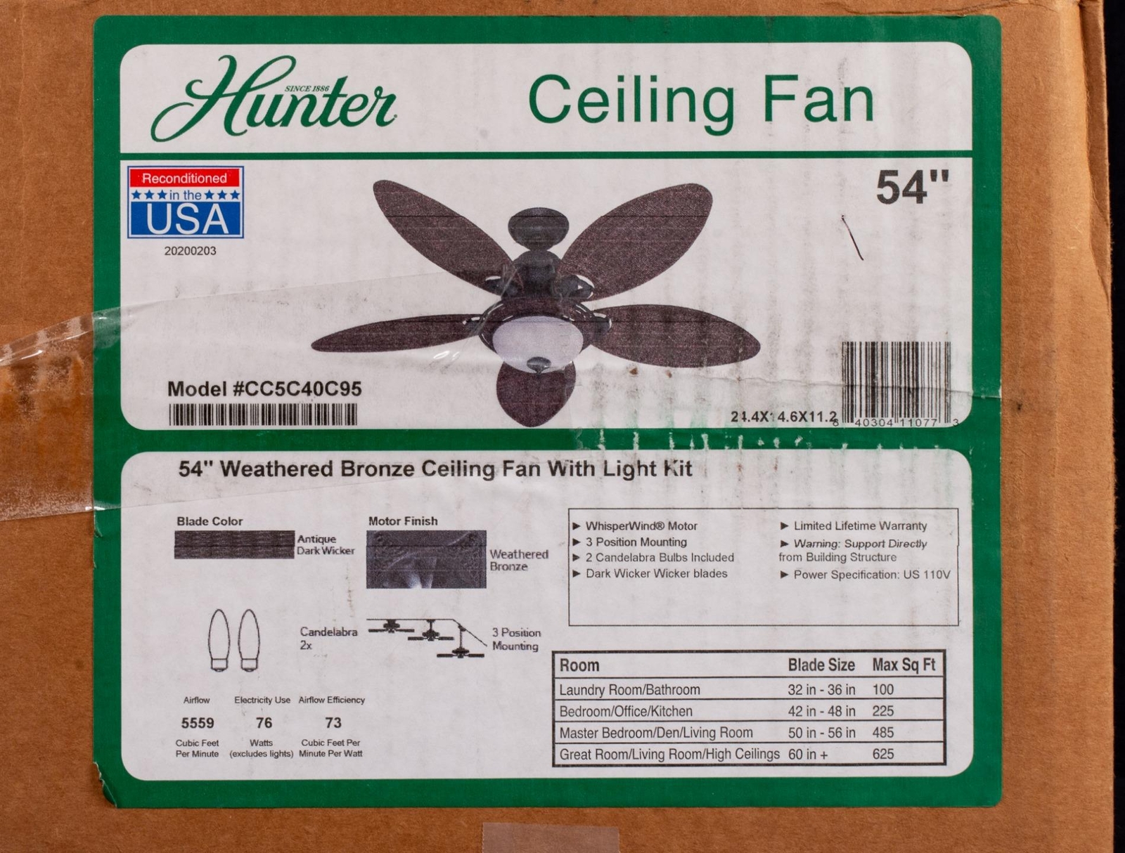 Hunter Ceiling Fan 54" Model CC5C40C95 Weathered Bronze NO MOTOR New gallery