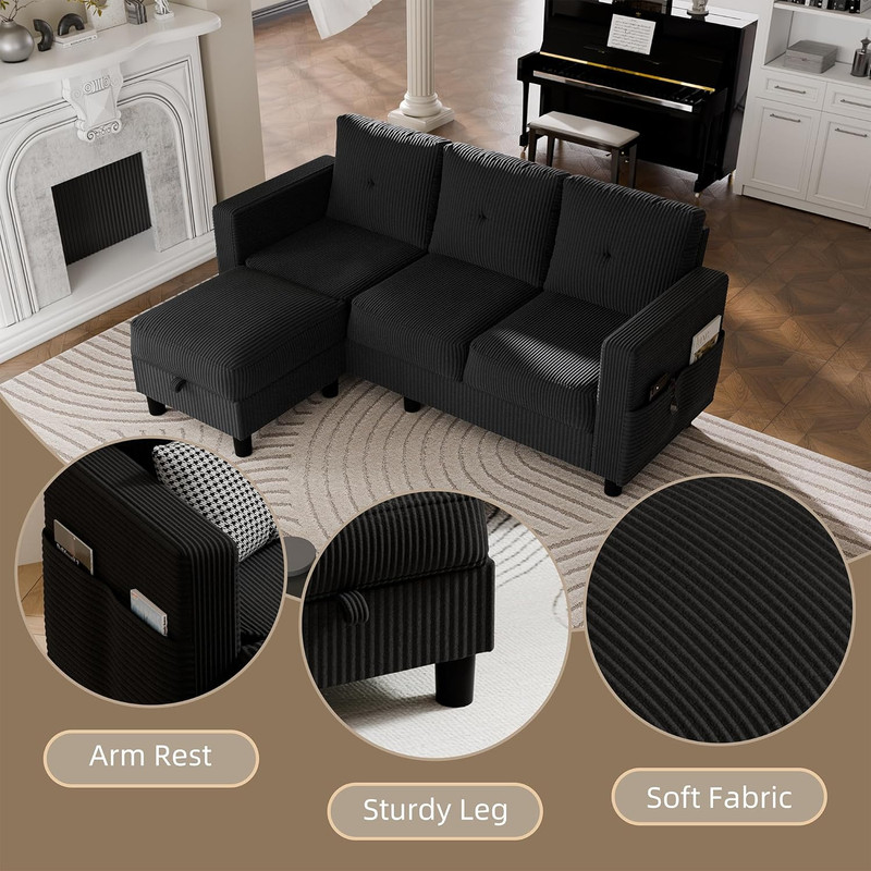 Convertible Sectional Sofa with Storage Ottoman, 77” L-Shaped 3-Seat Couch with gallery