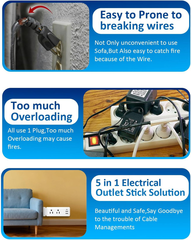 Eletrical Outlet Extender Stick 22"-34" Vertical Power Socket Expander with 2 AC gallery