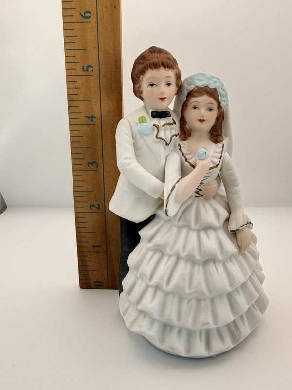 Matte Victorian Style Porcelain Bride Groom Wedding Cake Topper Blue Flower gallery