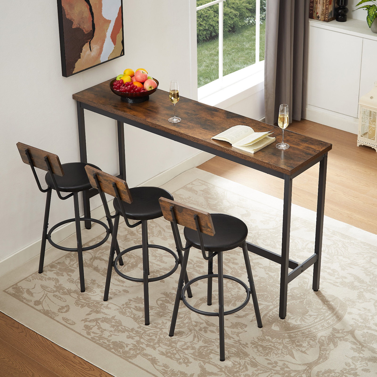 Brown Long Bar Table & Chairs Set w-3 PU Upholstered Bar Stools for Dining Room gallery