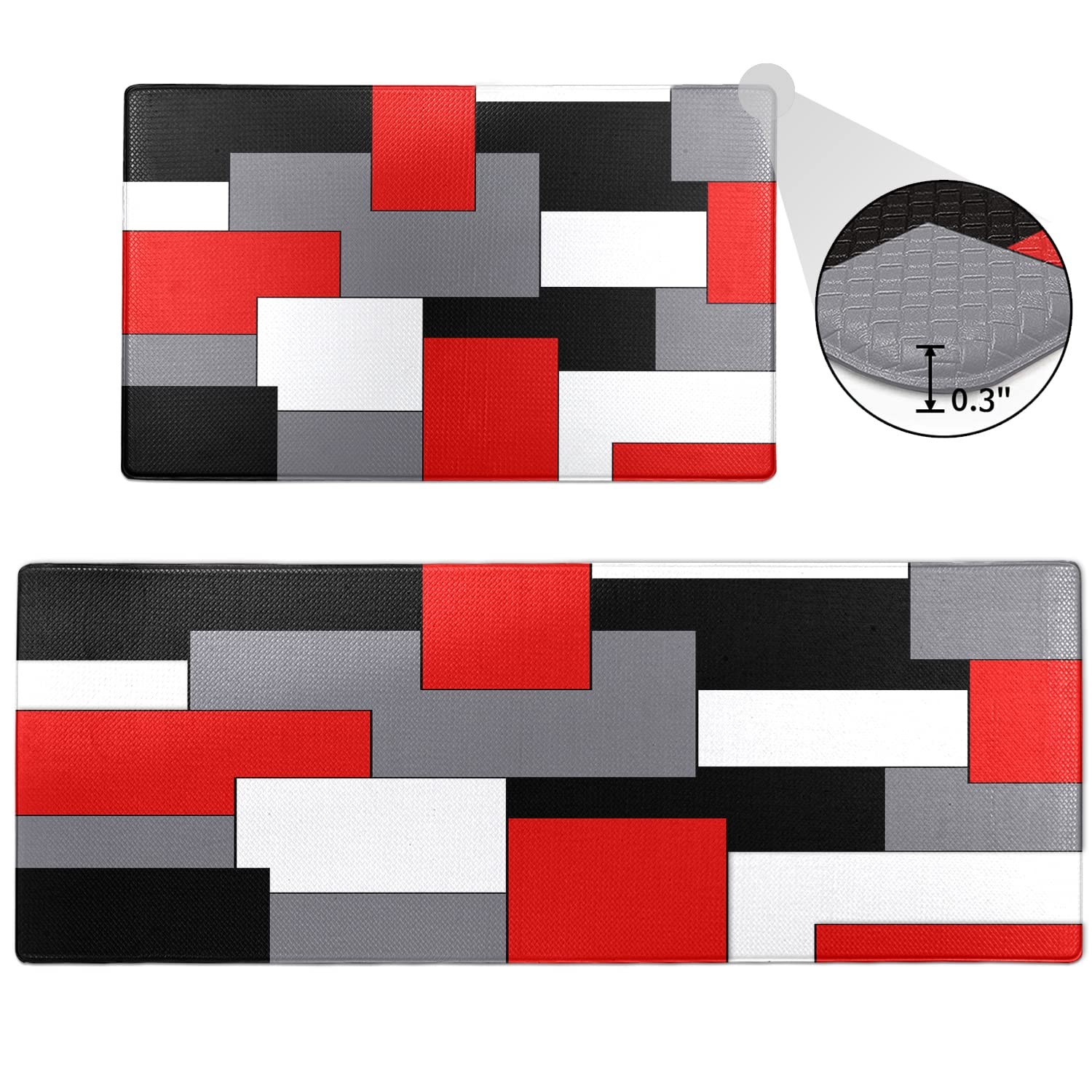 Red Black Grey White Kitchen Rugs and Mats Set of 2 Cushioned Anti Fatigue Geome gallery