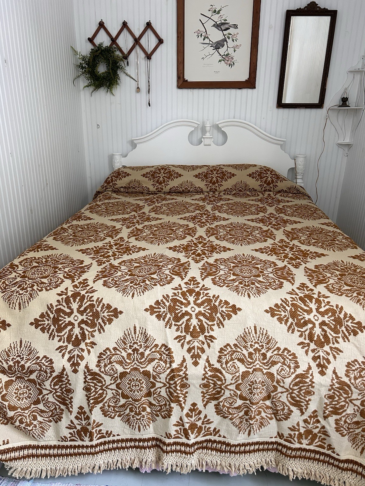 Vtg Sears Bedspread Queen heavy Beige Gold Tapestry Brocade Fringe MCM 60s gallery