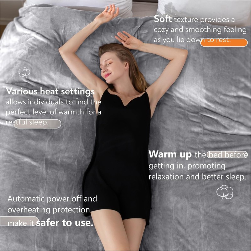 Wapaneus Heated Blanket Electric Throw 72" x 84" Full 72*84in, Light Grey gallery