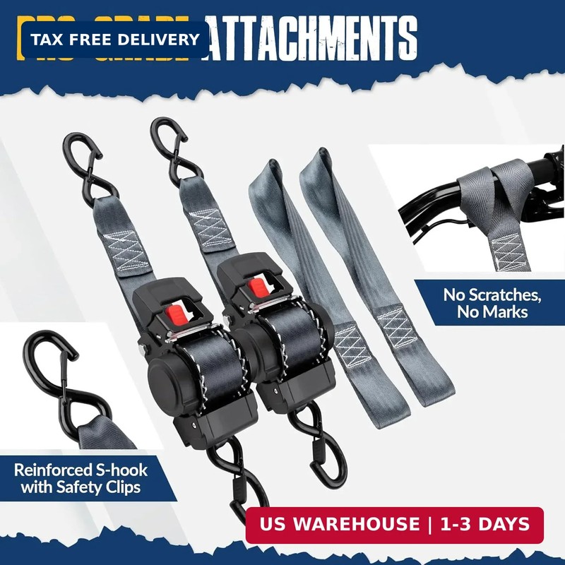 2 Pack Retractable Ratcheting Straps - 2 Inch x 10 Feet, 3,000lbs Break Strength gallery