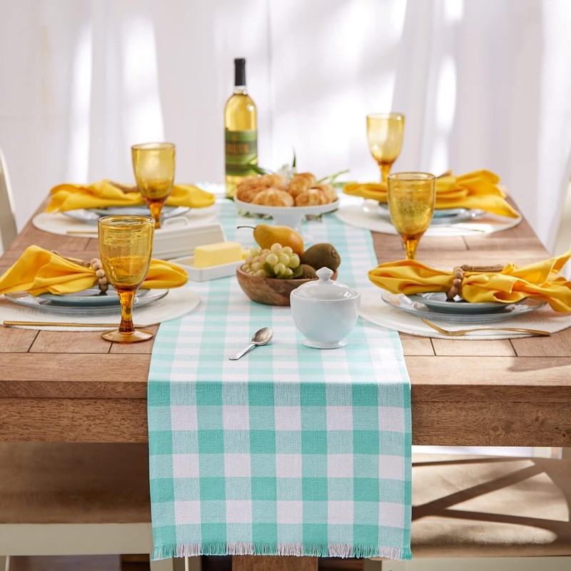 Heavyweight Aqua Table Runner with Rustic Fringe, 14x72 gallery