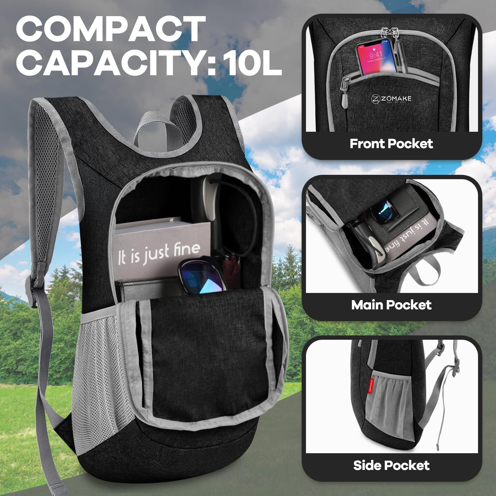 Ultra Lightweight Packable Backpack 10L Foldable Water Resistant Black 3