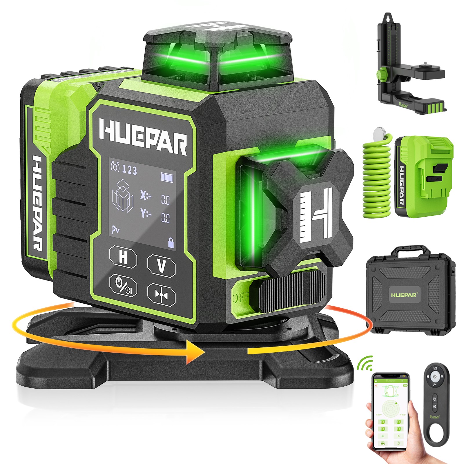 Huepar 3x360° Green Cross Line Bluetoothed Laser Level with Large LCD Screen gallery