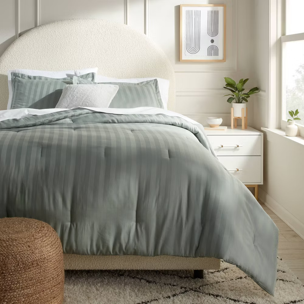 3pc King Luxe Striped Damask Comforter and Sham Set Light Teal Green