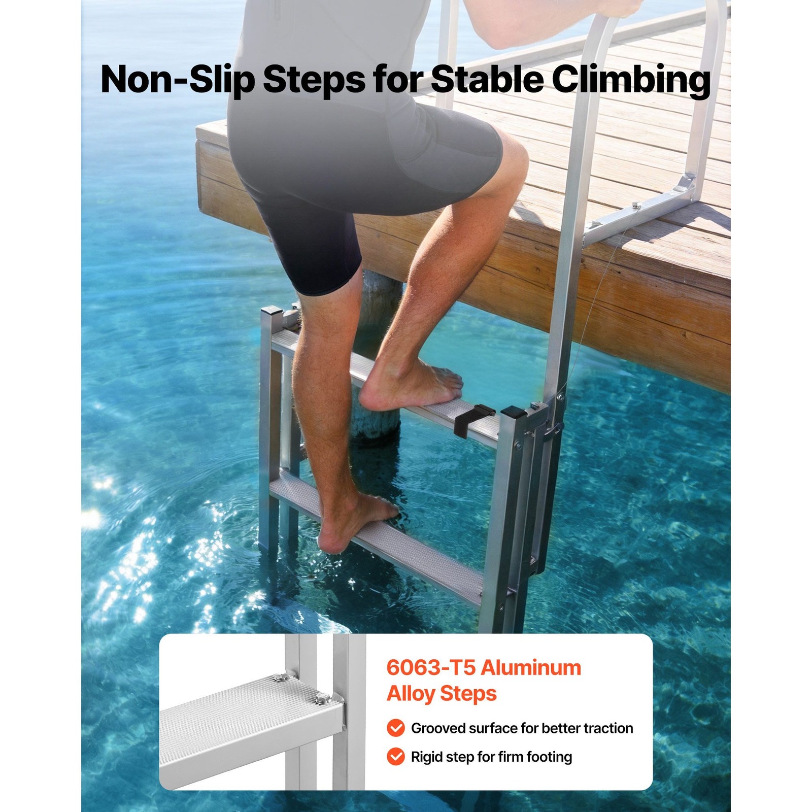 Retractable Swim Ladder, Aluminum, 5 Steps, 350lb, 67-79in Adjust, for Lake Pool gallery