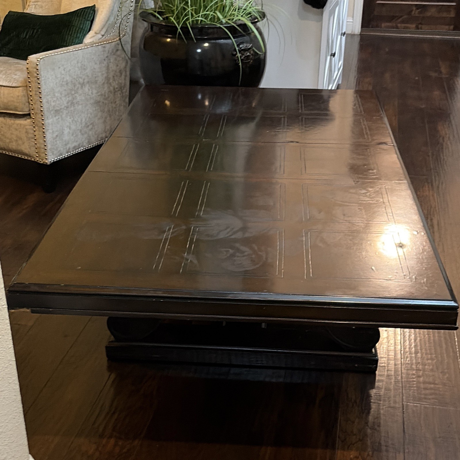 Dark Wood Rectangular Coffee Table w/ Carved Paneled Top, 41-50 x 30-40 gallery
