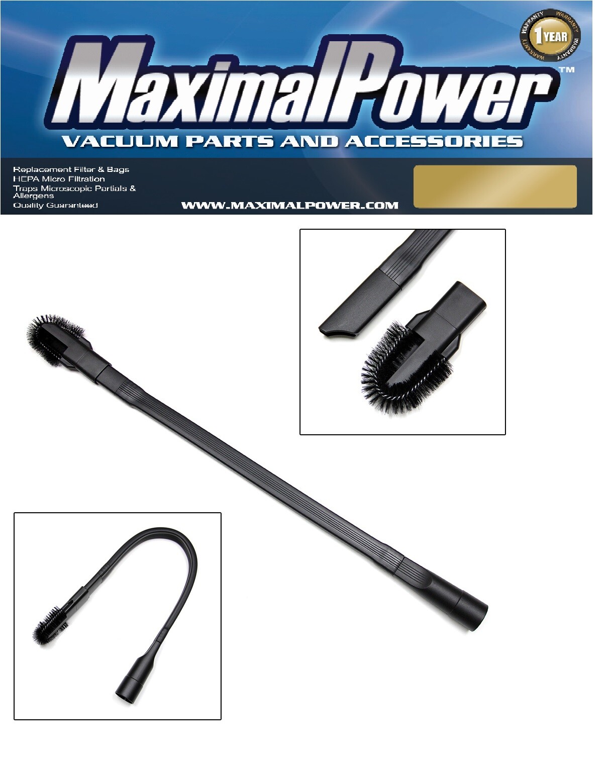 MaximalPower 25" Long Crevice Tool for Vacuum 1.25" Hose Detachable Brush Head gallery
