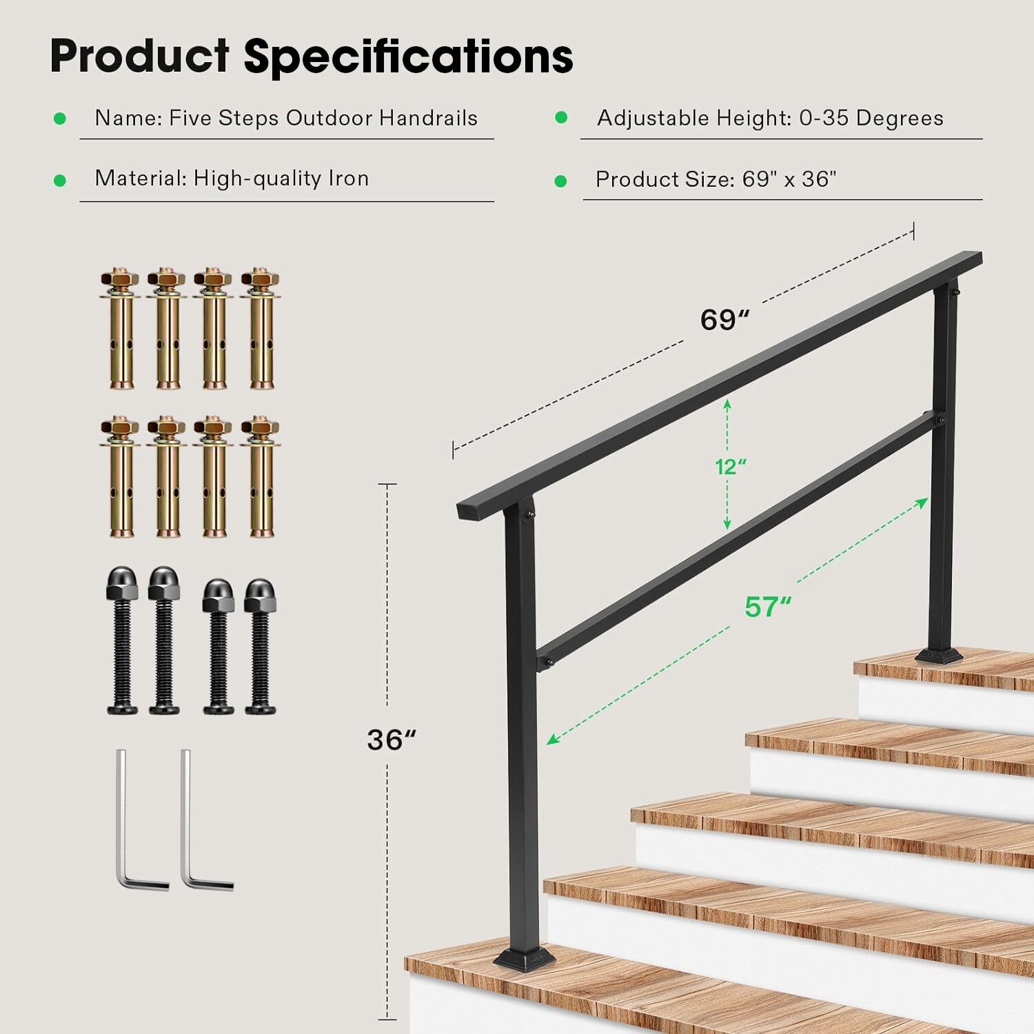 VIVOSUN Iron Outdoor Handrail, 4-5 Step Stair Railing,69"x36" Fits 1 to 5 Steps gallery