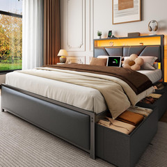 Full Size Bed Frame, 2-Tier Storage Headboard & 6 Fabric Drawers, PU Leather Uph