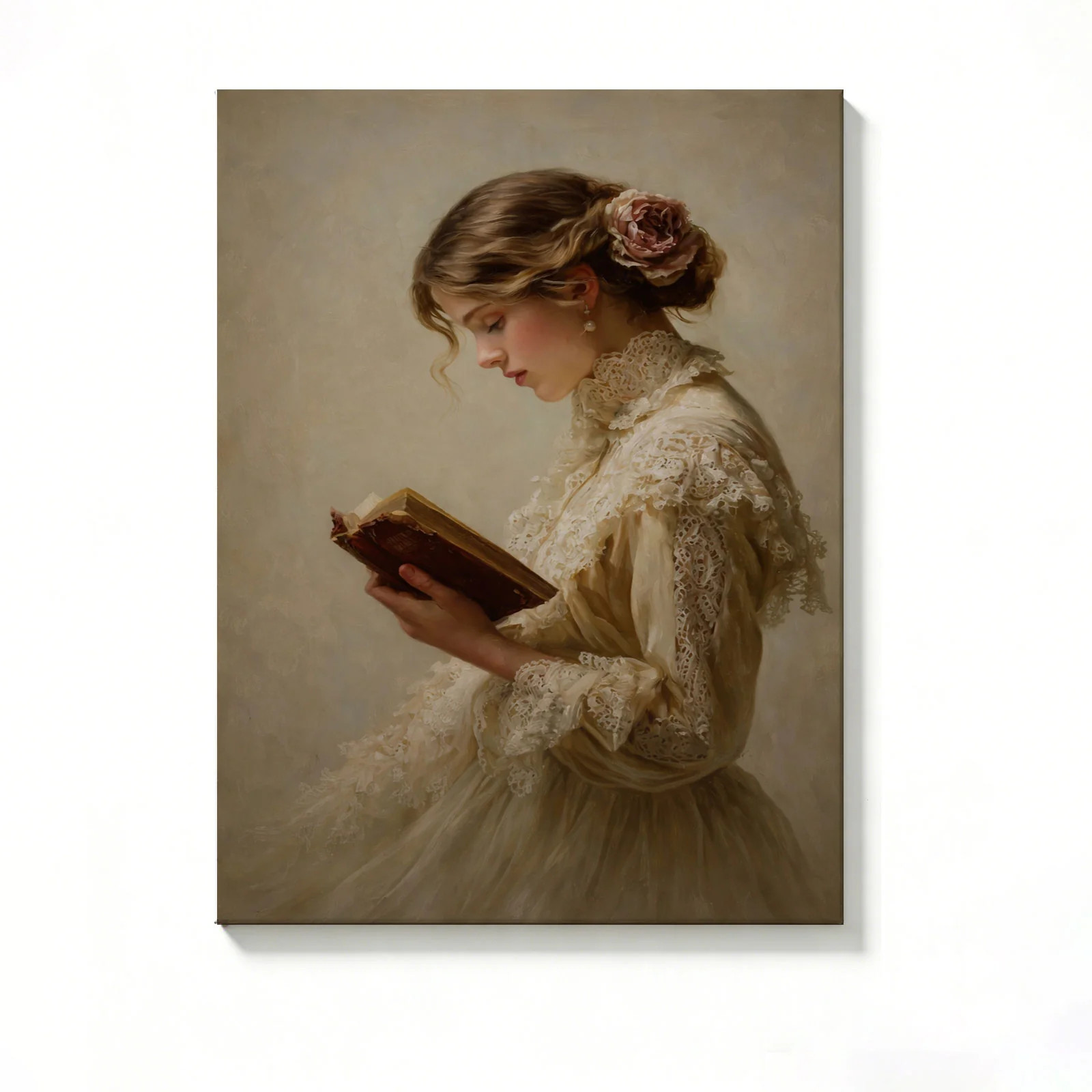 Vintage Lady Reading Canvas Painting 2DFlat Frameless Wall Art Home Office Decor gallery