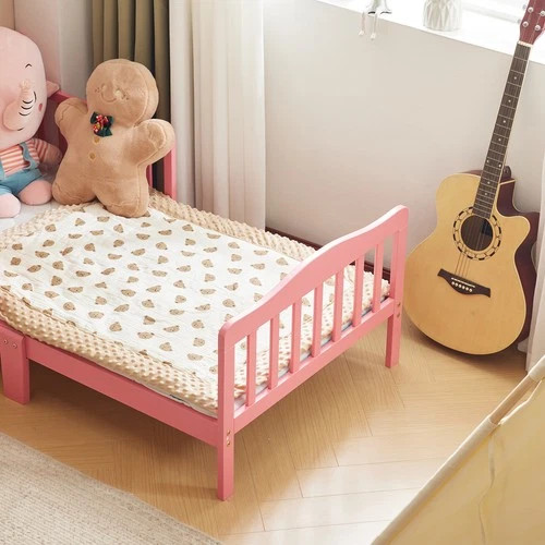 Classic Pink Toddler Bed Frame Solid Pine Wood Children's Bed w/ Rails for Girls gallery