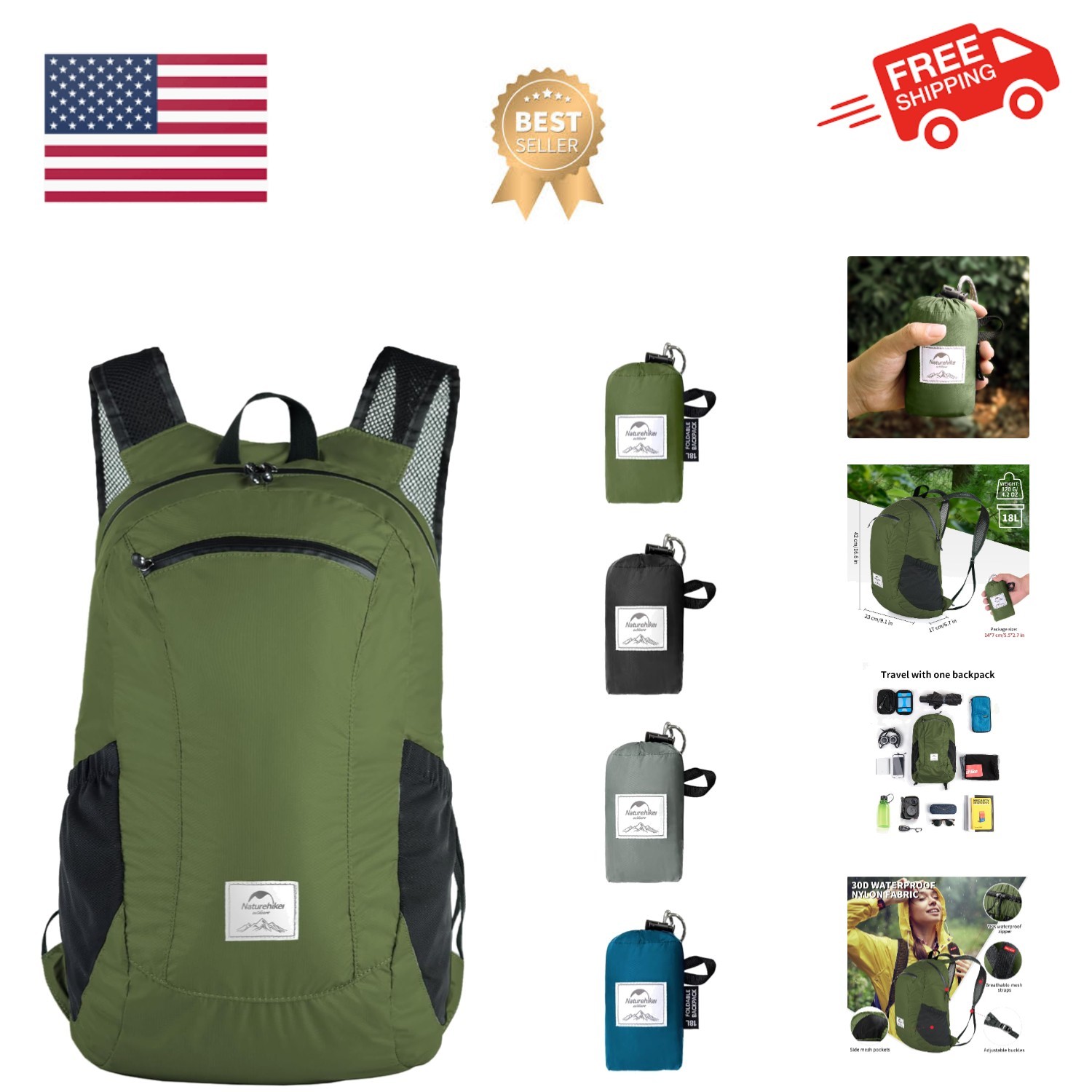 18L Lightweight Hiking Daypack, Waterproof Camping Packable Backpack Ultralig...