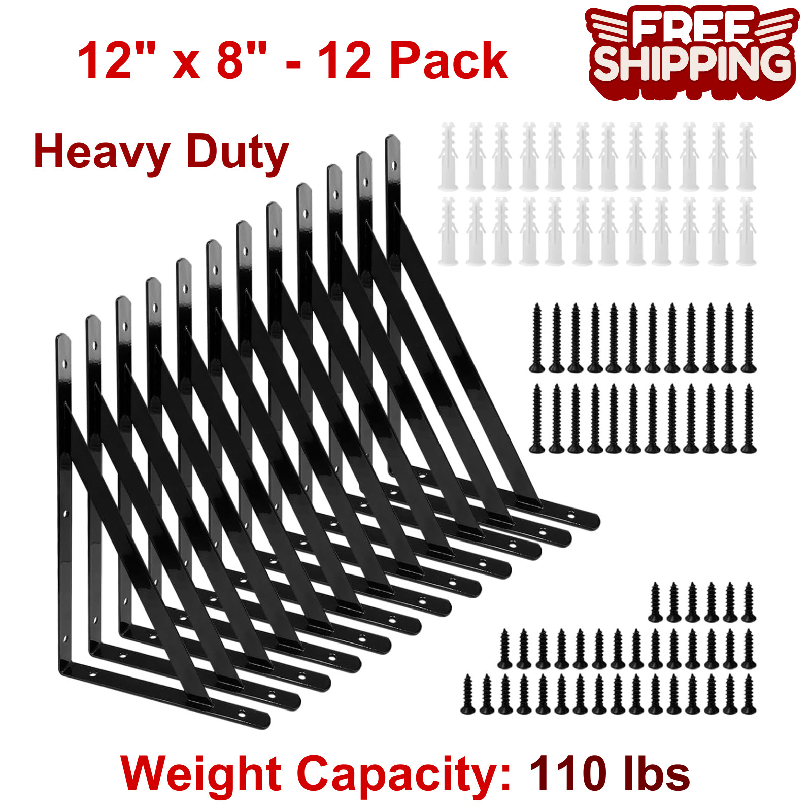 12" x 8" Heavy Duty Shelf Brackets with Screws Metal Shelves Supports 12 Pack gallery