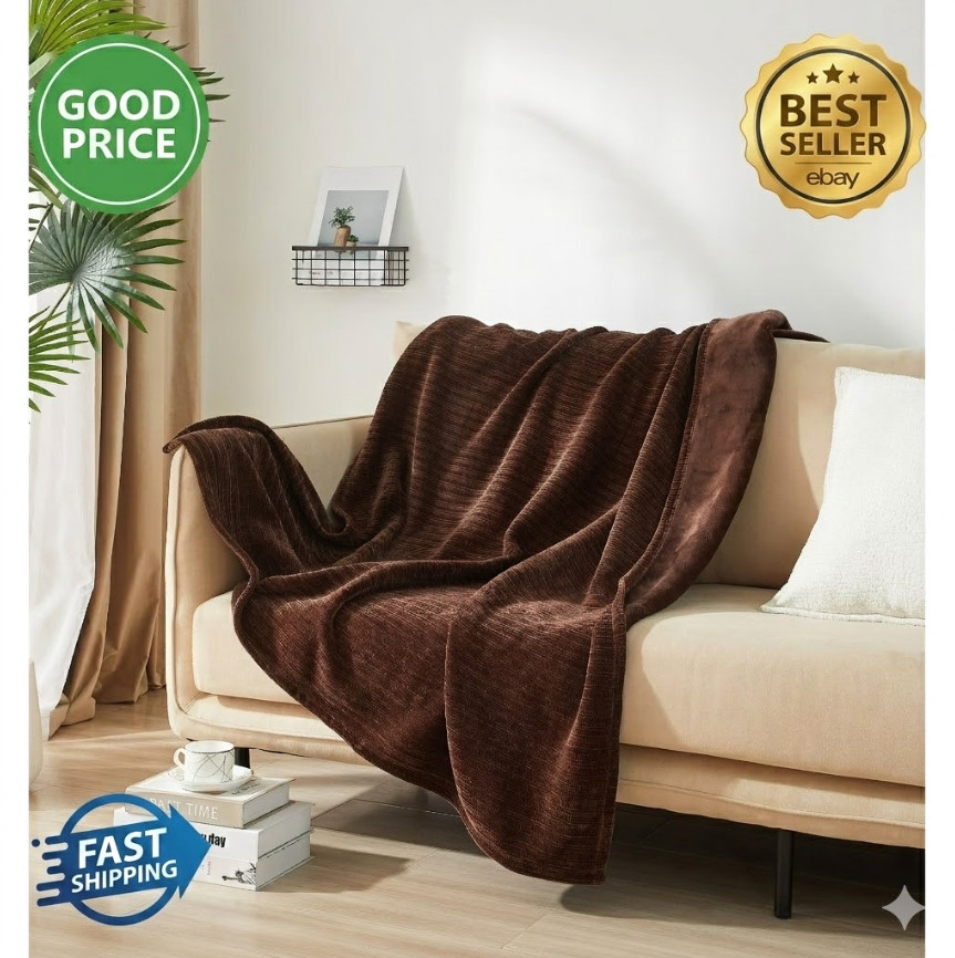 Cozy Chenille Plush Couch Throw Blanket Caffeine Brown Soft Standard Size