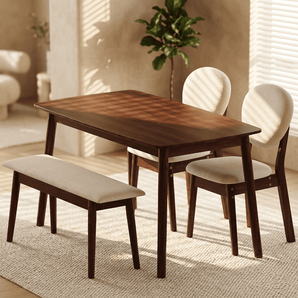 4 Piece Dining Table Set Solid Rubber Wood 2 Padded Chairs Bench Walnut Kitchen