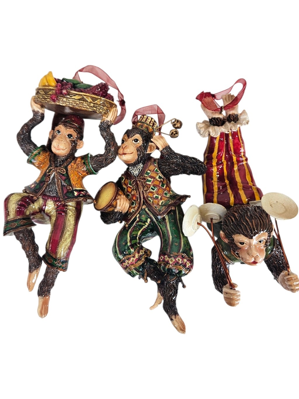 Whimsical Vintage Circus Monkey Acrobat Jester Ornament Trio Resin Holiday Decor gallery