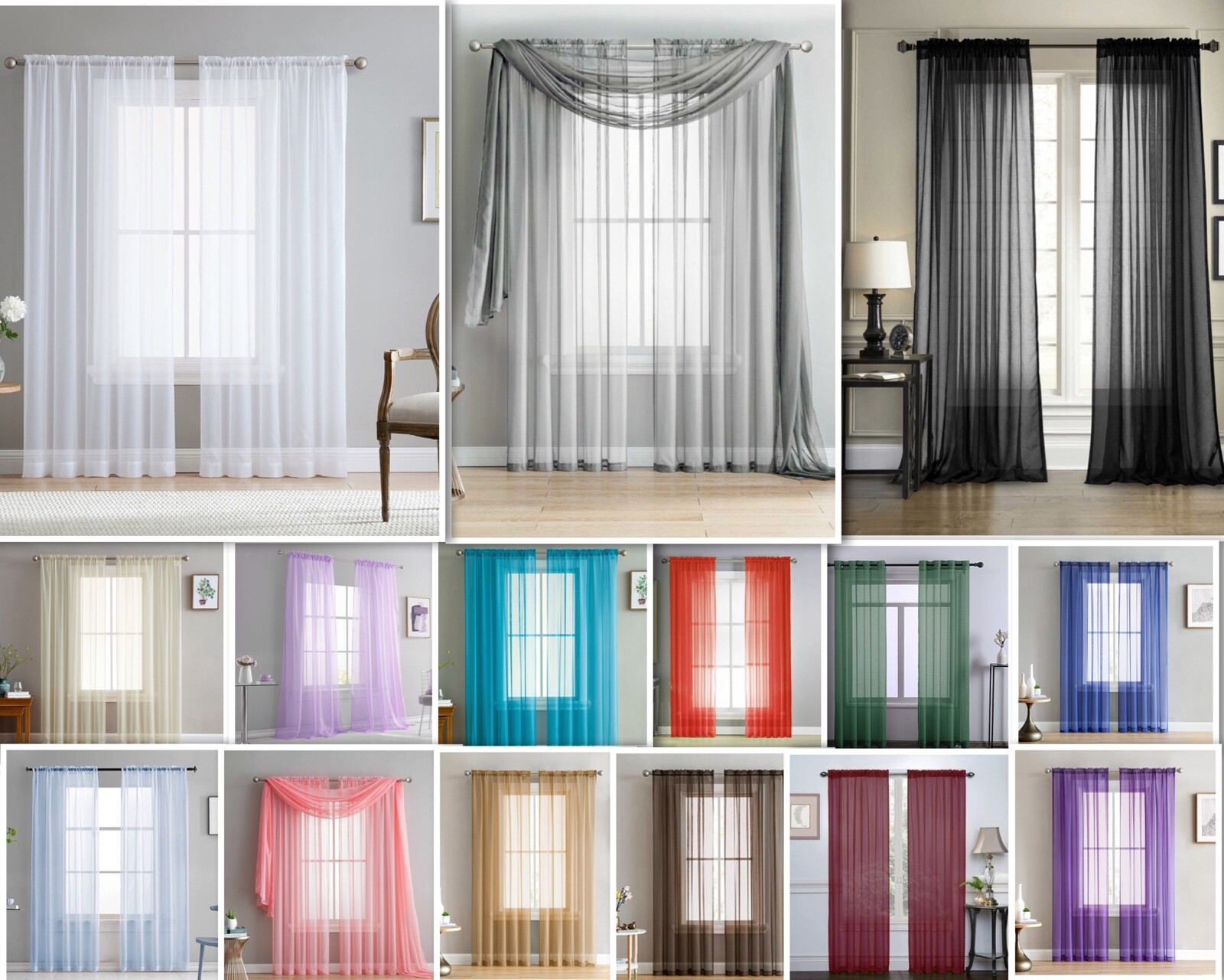 Jenna Collection Sheer Voile Solid Window Curtain Panel - Set of 2 - ALL COLORS gallery
