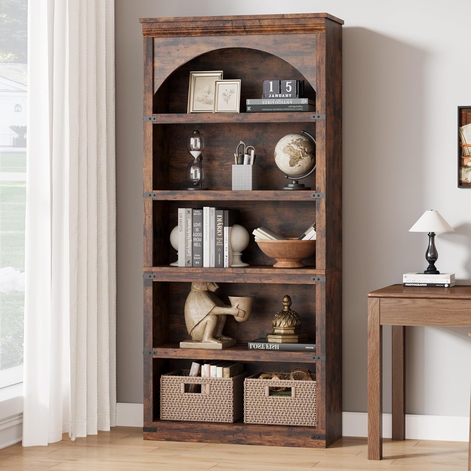 Farmhouse Arched Bookshelf Tall Bookcase Wooden Arch Bookshelf 5 Tier Bookshelve gallery