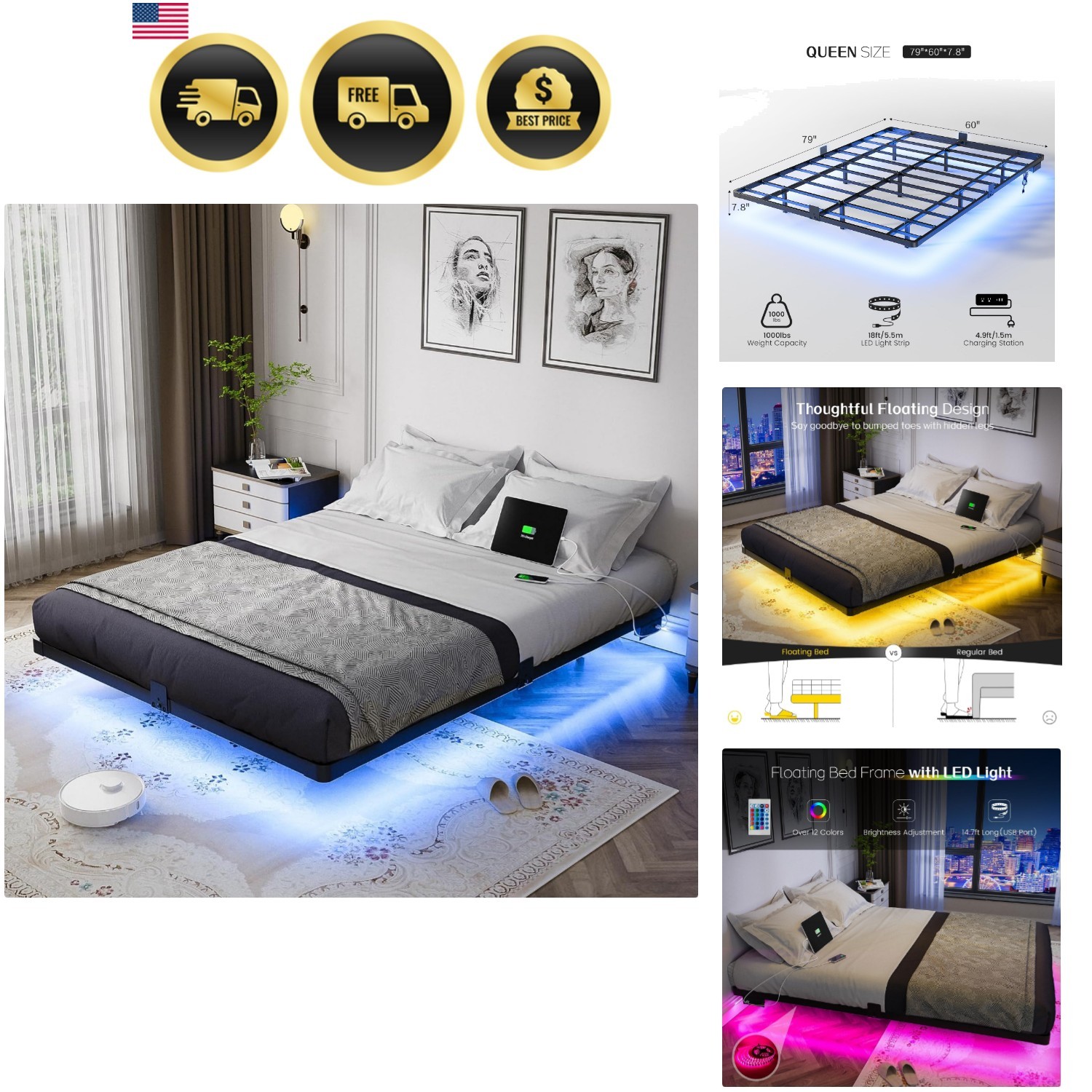 Floating Bed Frame Queen Size with Smart LED Lights and Charging Station - Mo... gallery