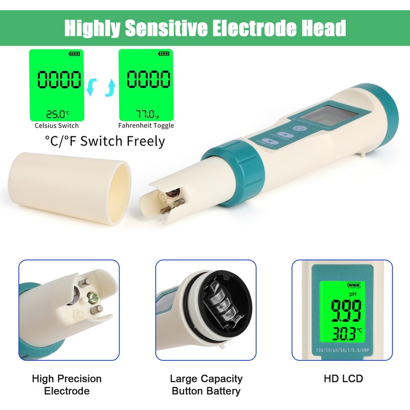 7in1 Digital Water Quality Tester Meter PH/TDS/EC/ORP/TEMP/SG/Salinity Test Pen gallery