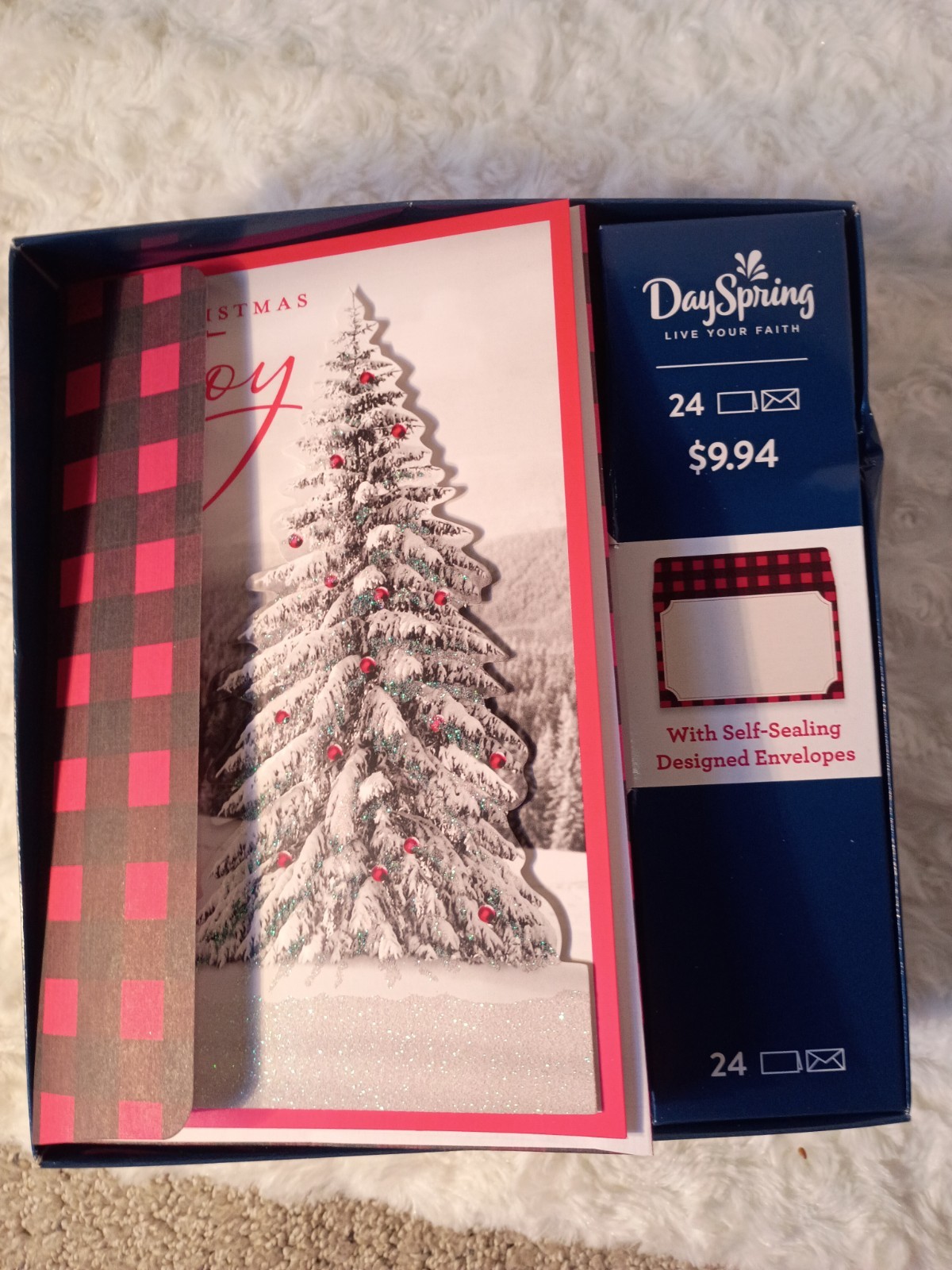 DaySpring Boxed Christmas Cards Lot 17 Snowy Tree Buffalo Plaid Self-Seal... gallery