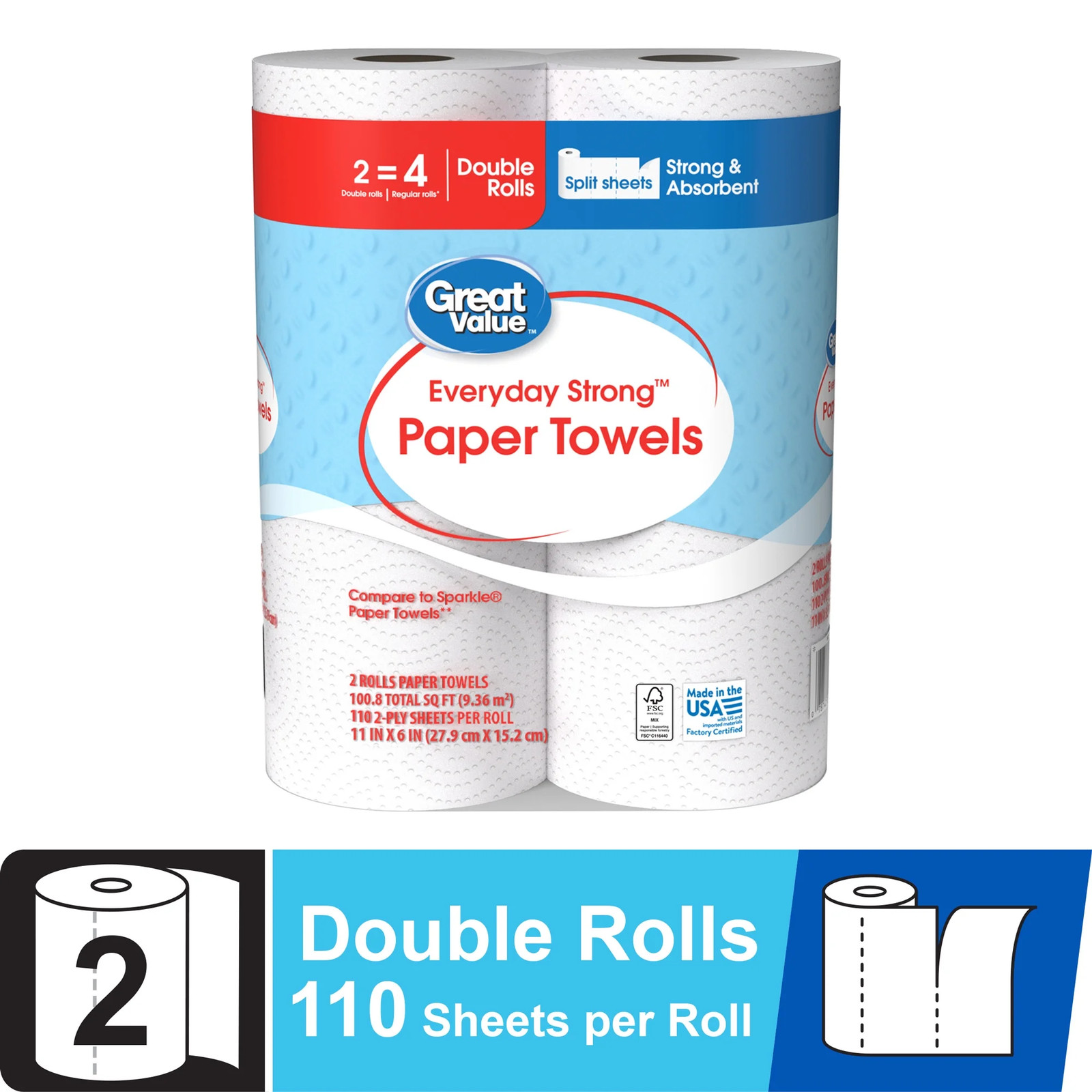 Great Value Everyday Strong Paper Towels, 2 Double Rolls gallery