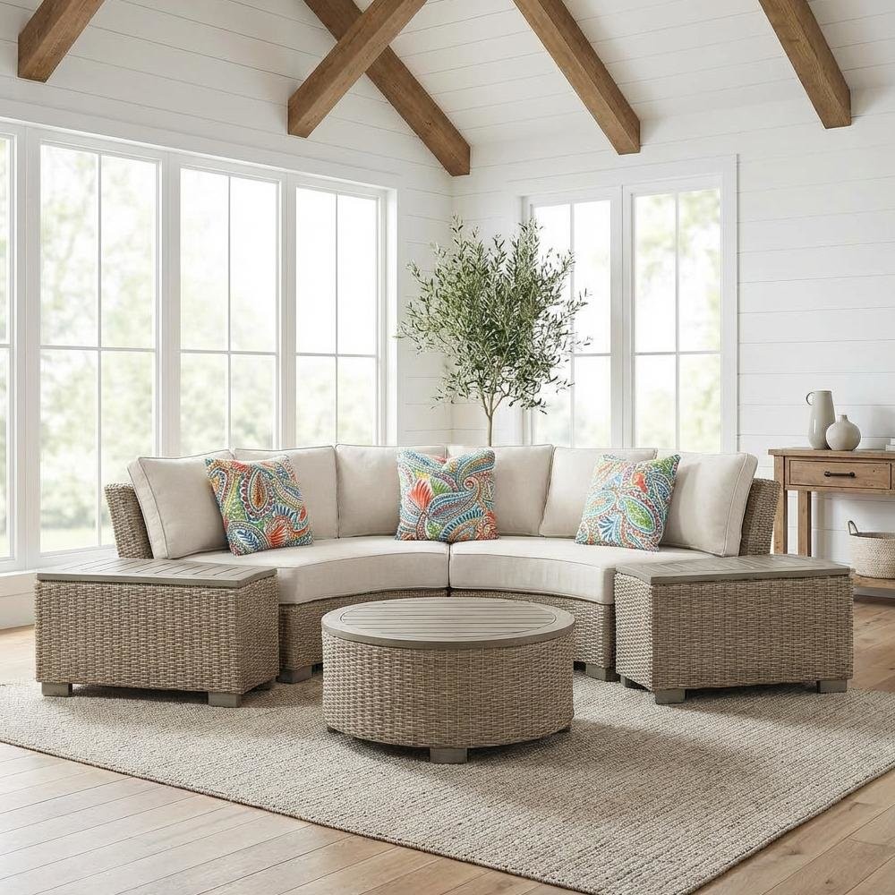 Tan Round Outdoor Coffee Table with Wood Legs and Transitional Design gallery