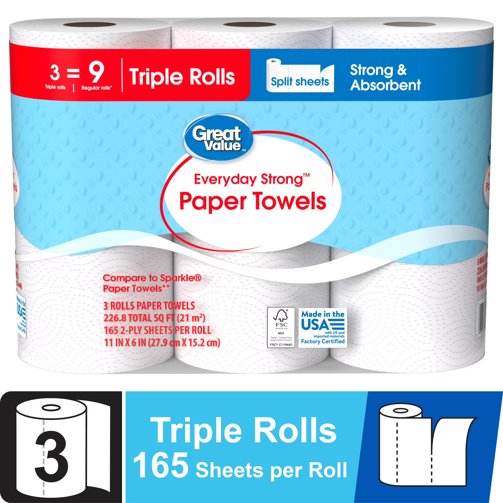 Great Value Everyday Strong Paper Towels, 3 Triple Rolls gallery
