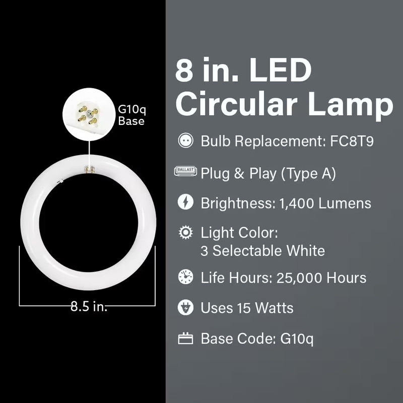 White Plug and Play Linear Circline LED Tube Light Bulb 15-W 8in T9 G10q Type A gallery