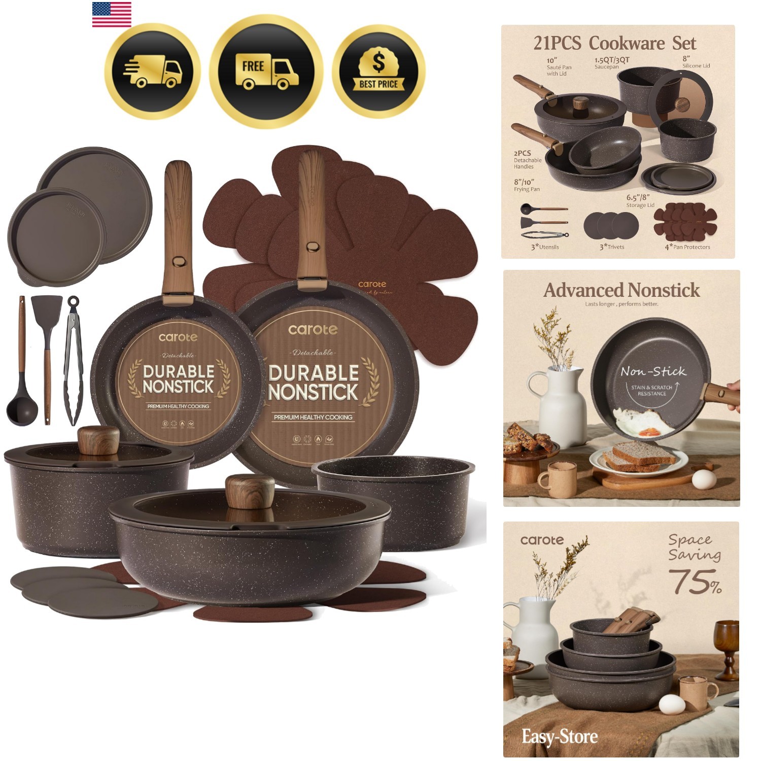 Non Stick Cookware Set Pots Pans Detachable Handle Oven Safe Dishwasher Safe ... gallery