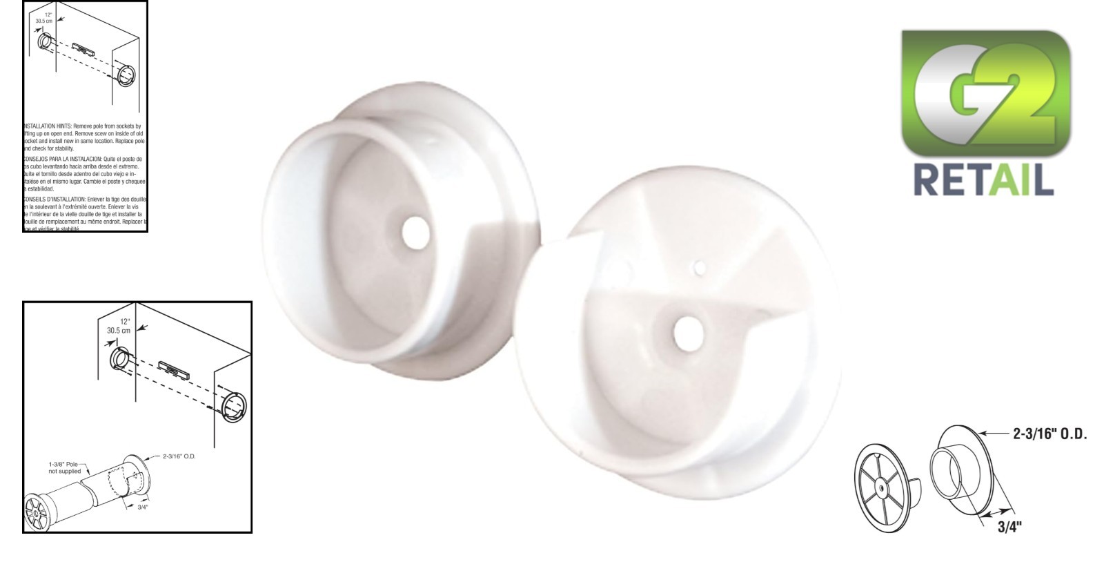 1-3/8 Inch White Plastic Closet Pole Socket Set - Secure and Stylish Support gallery