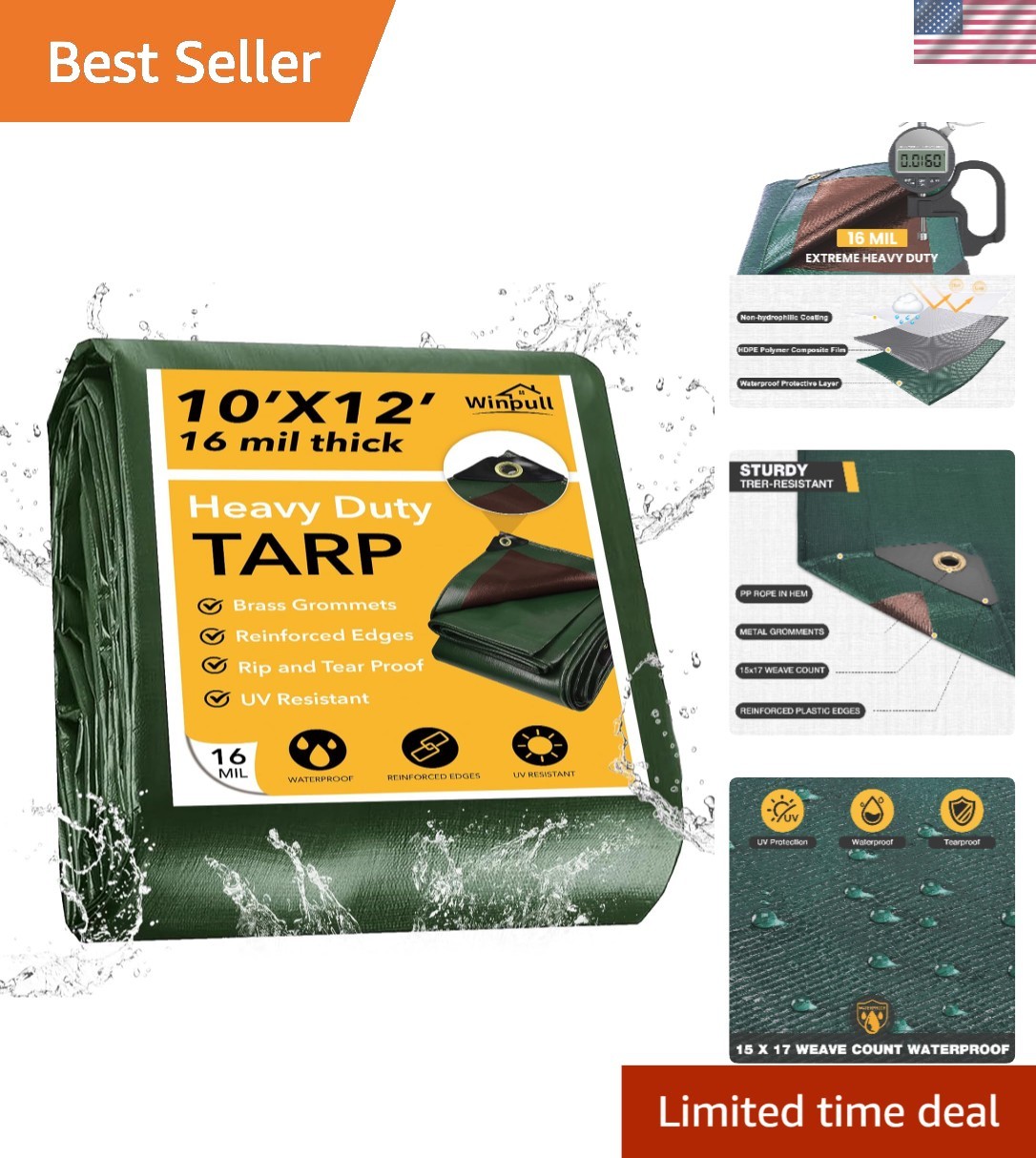 Durable 16 Mil Poly Tarp 10x12 Feet | Weatherproof Tarp for Camping & Protection gallery