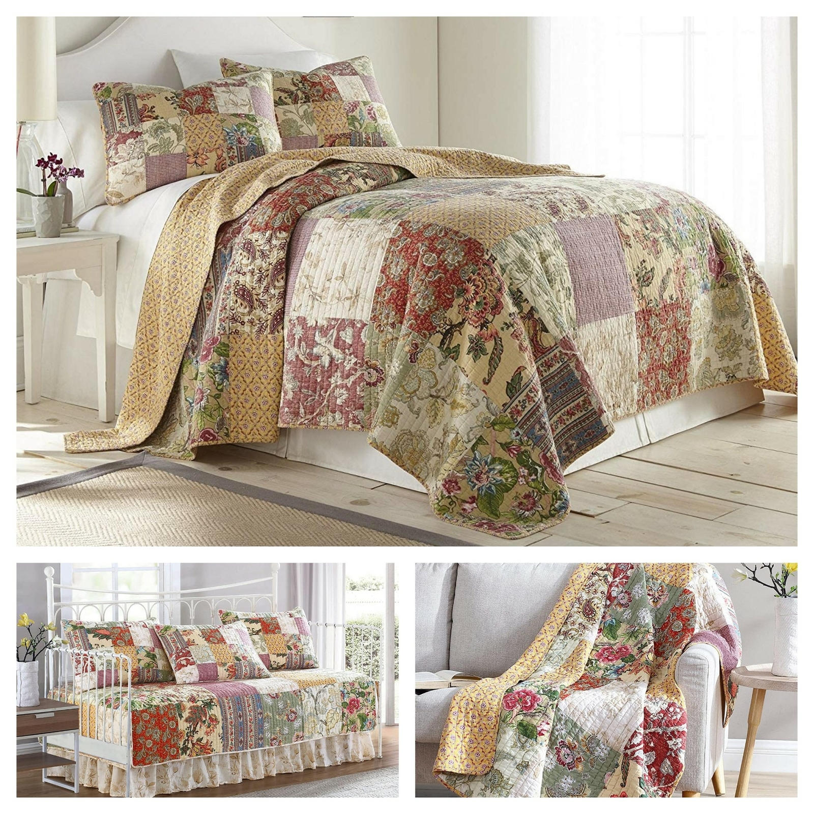 Delaney Floral Patchwork Pre-Washed Cotton Quilt Set - Daybed Coverlet - Throw gallery
