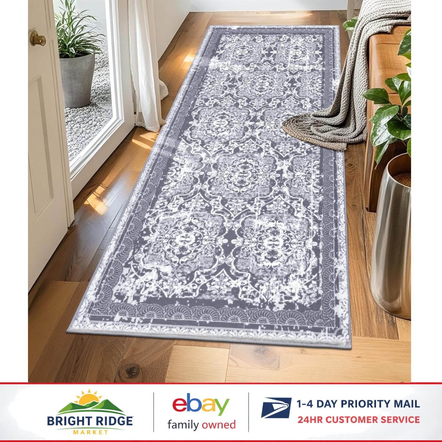 Machine Washable Soft Rug Runner, Indoor Floral Mat for Kitchen and Living Room gallery