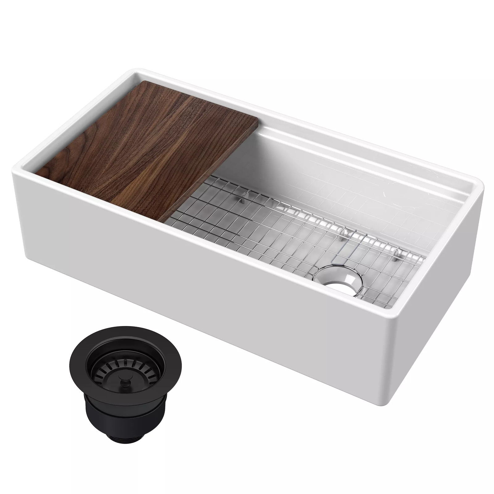 Nuie Fire Clay Kitchen Sink, Ledge, Grid, Cutting Board & Drain 36x19x10" gallery