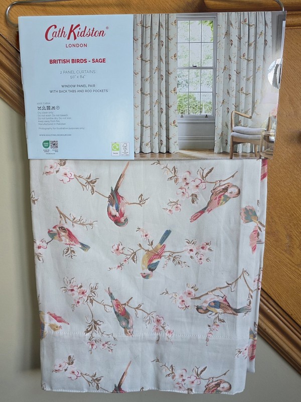 NEW Cath Kidston Window Curtains Pair British Birds Sage Cotton 50" W x 84" L gallery