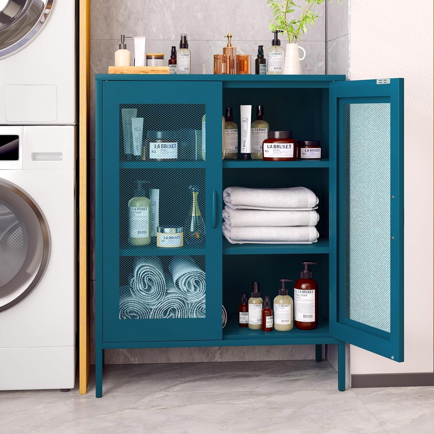 Elegro 40”H Metal Storage Cabinet with 2 Mesh Doors and Shelves For Home Office gallery