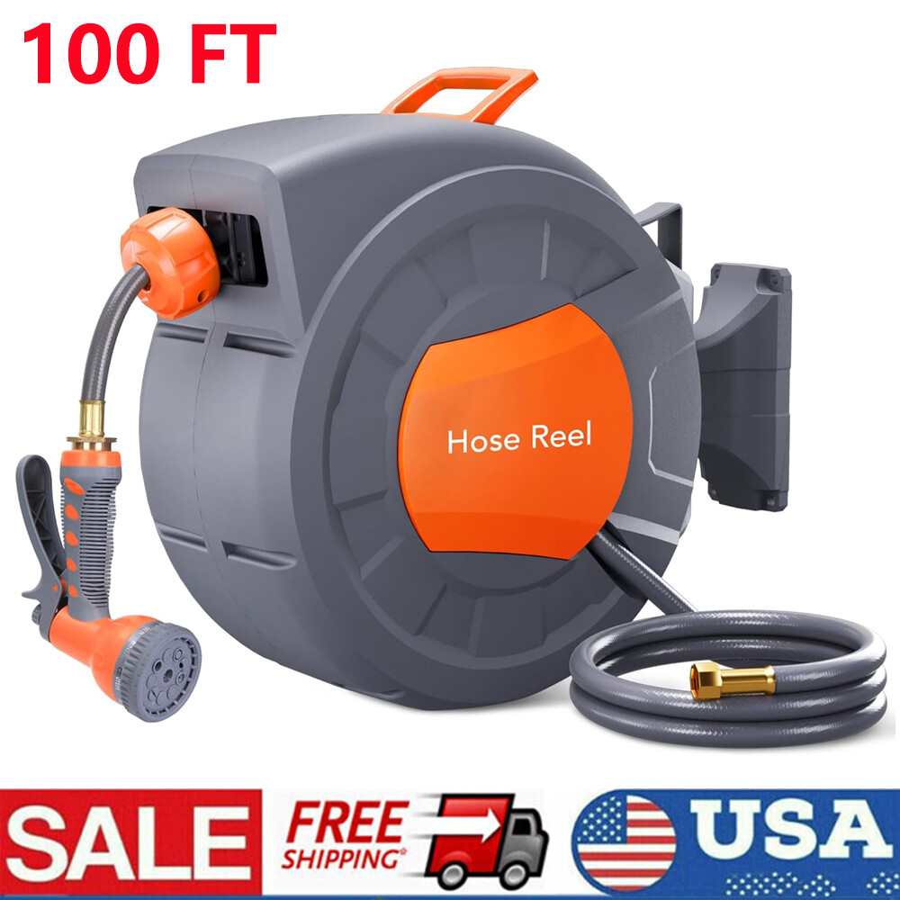 1/2 in x 100 ft Wall Mounted Retractable Water Hose Reel with 9 Sprayer Nozzle