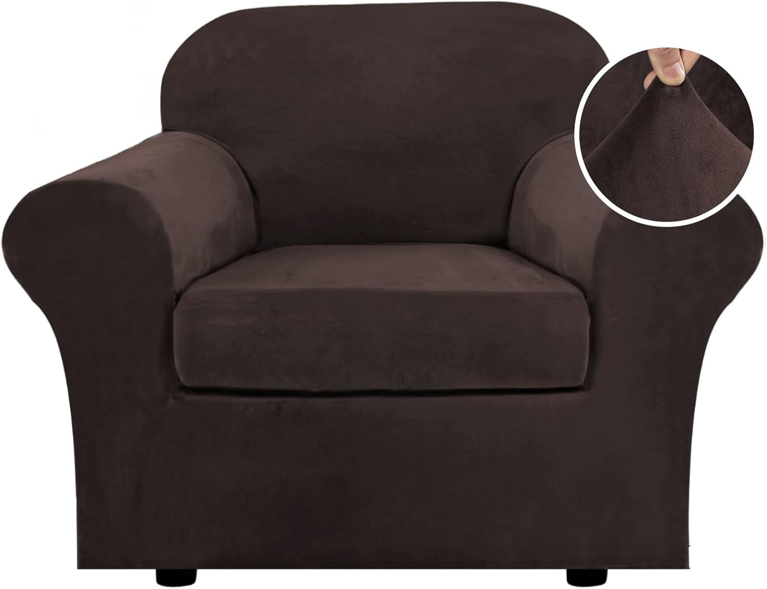 Soft Velvet Stretch Chair Cover with Arms, Brown, Fits Chairs up to 49 gallery