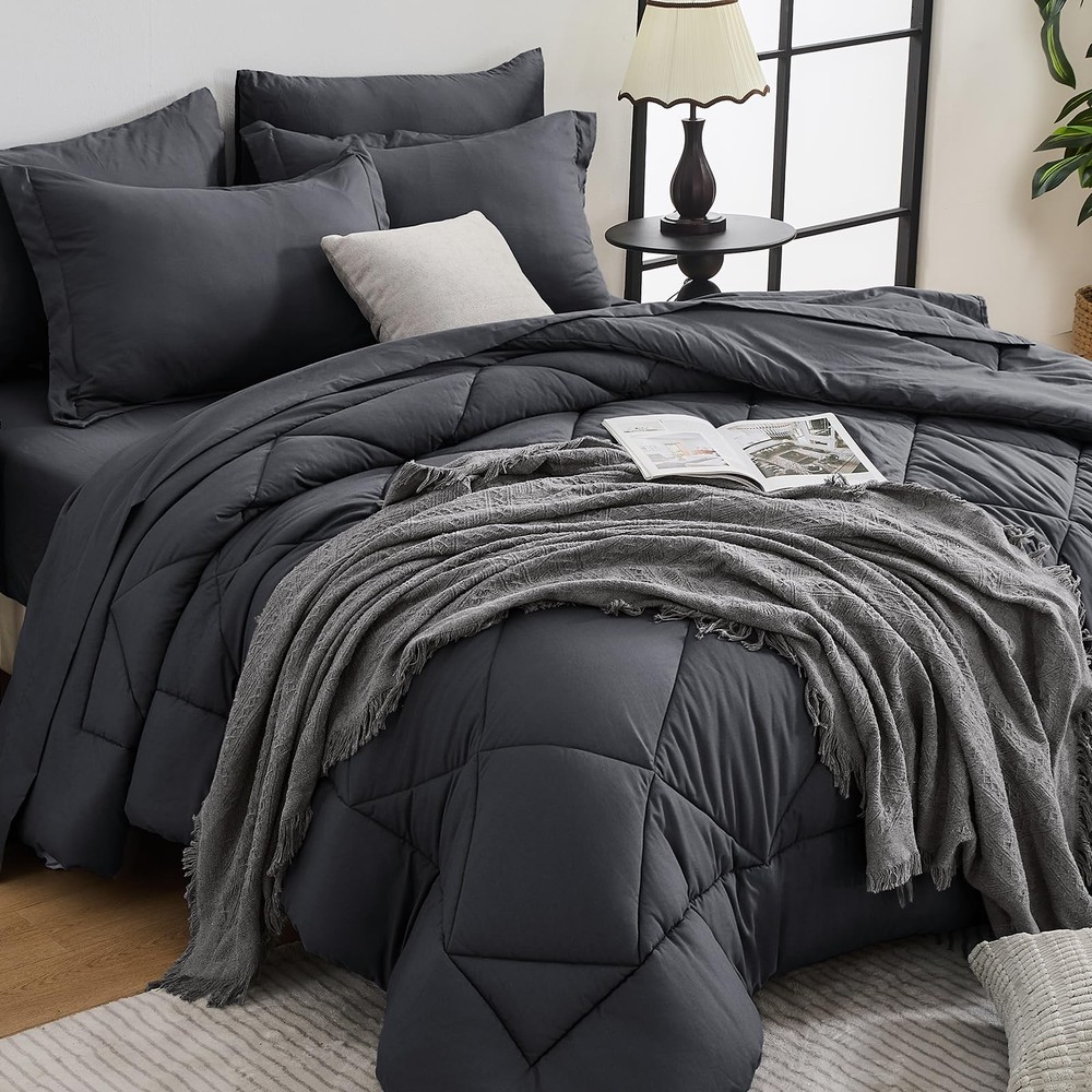 7 Piece Queen Comforter Set Reversible Bed in a Bag Soft Grey Bedding Set